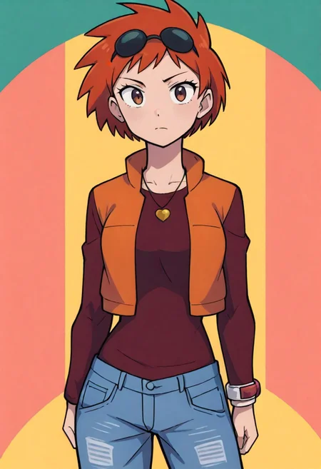 2d, masterpiece, best quality, amazing quality, highres, absurdres, newest, 1girl, solo, cowboy shot, looking at viewer, multicolored background, simple background, colorful background, medium breasts, pkzoey, orange hair, short hair, spiked hair, bangs, necklace, eyewear on head, sunglasses, red shirt, long sleeves, bracelet, orange vest, jeans, denim