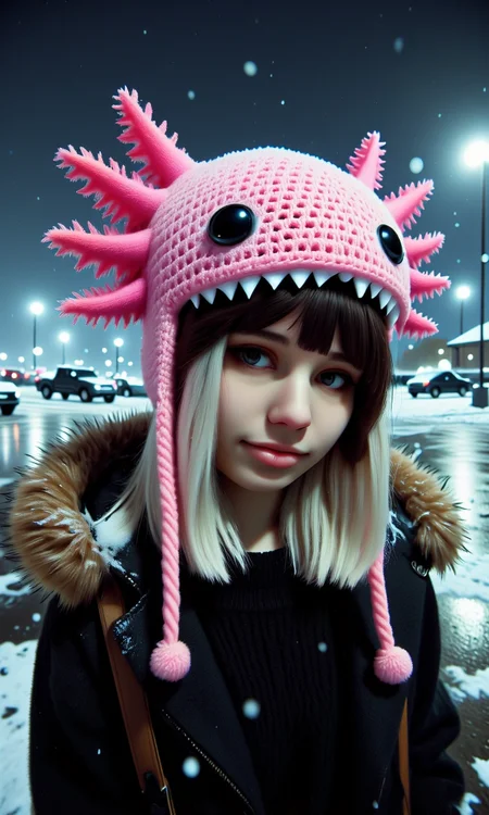 Emo_JBX style, realistic cinematic portrait of a young woman standing in a snowy parking lot at night; she has long, layered emo hair with sleek, straight layers and side-swept bangs that cover one eye, her hair light brown with soft blonde highlights reaching down to her chest; sheâs wearing a crocheted pink axolotl hat with round black eyes and frilly gills; heavy snow falling in the air, her expression is calm and introspective, with a hint of curiosity as she looks slightly to the side; dressed in a cozy dark sweater, with snowflakes gently falling around her, settling on her hat and shoulders; the parking lot is dimly lit by scattered street lamps, casting warm, soft glows across the snow-covered ground; subtle reflections on wet pavement and soft, diffused lighting create a dreamlike winter atmosphere, blending the magical and everyday, axolotl, Emo_JBX<lora:Axomodel_Flux_V1.1.safetensors:1.0:1.0> <lora:Emo_JBX_flux.safetensors:1:1> <lora:Winter_Toque_Threader_FLUX-000012.safetensors:1:1>