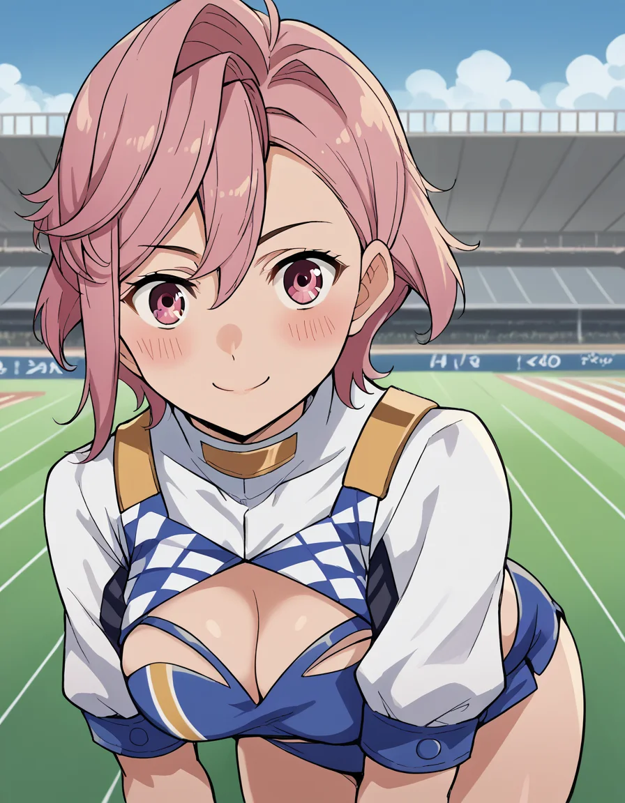 score_9, score_8_up, score_7_up, source_anime, <lora:aira-shiratori-alpha-ponyxl-lora-nochekaiser:1>, aira shiratori, short hair, bangs, hair between eyes, pink hair, pink eyes, medium breasts, <lora:kancolle-gotland-cosplay-ponyxl-lora-nochekaiser:1>, kancolle gotland cosplay, gotland (kancolle) (cosplay), blue bandeau, blue tube top, race queen, bandeau, tube top, cropped jacket, cosplay,, race track, sports car, smile, blush, bent over, leaning forward, from side, cowboy shot, looking at viewer, , dutch angle, cowboy shot