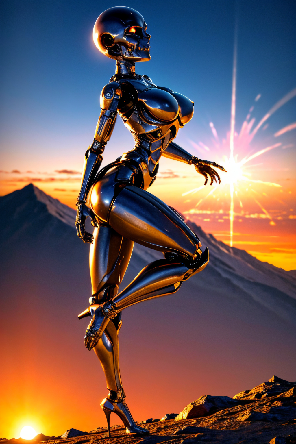 (view from right side), explosions in the background, night sky, Standing with one foot raised behind the body, (Realisitc:1.5) alien woman terminator, big breasts, <lora:EdobAlienTerminatorFemale_v1.0:0.8>