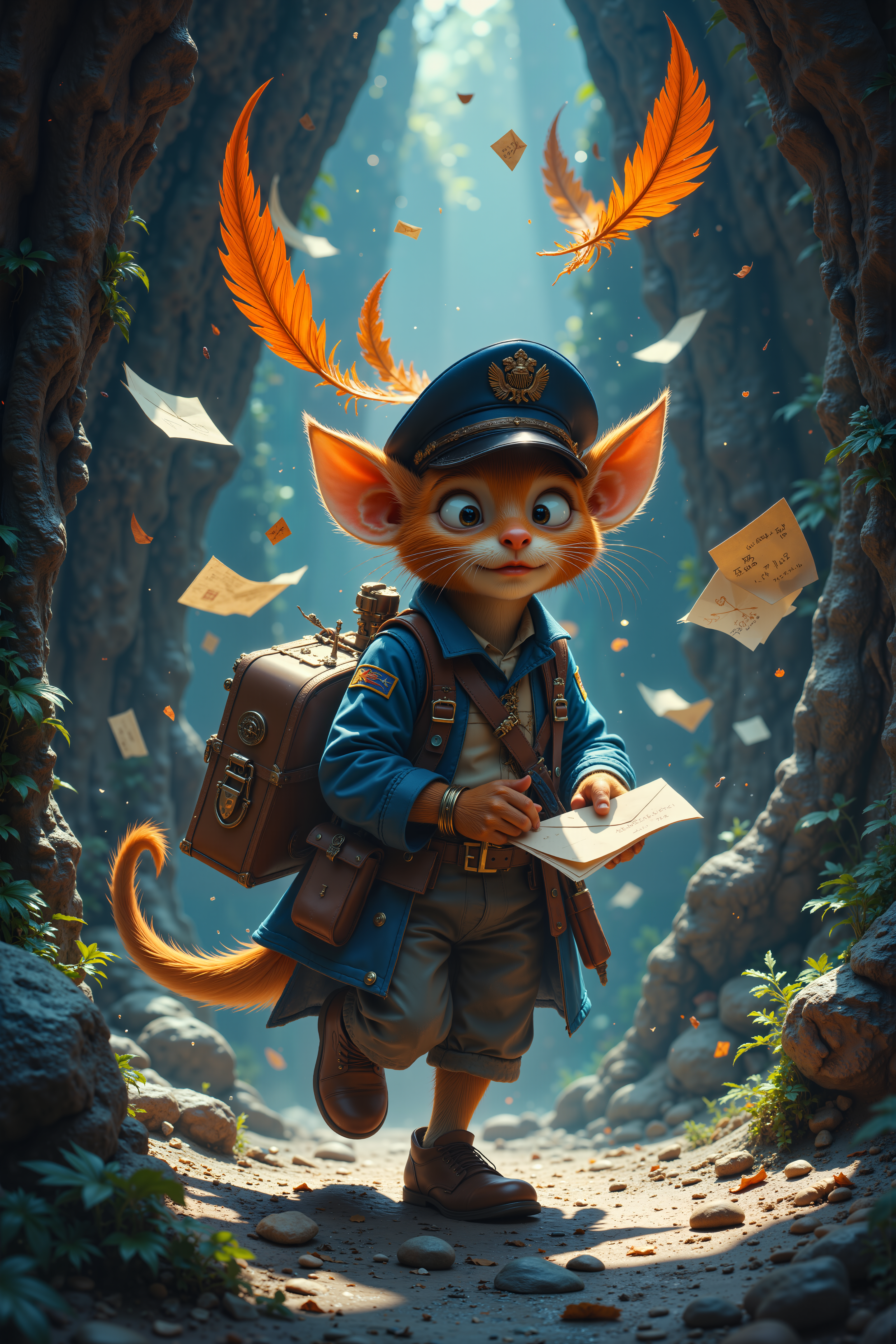 A timid kobold postal worker delivers mail through a dragon's lair. His mail bag is impossibly deep and glows with containment magic, while his uniform hat has a feather that detects danger. He carries an official postal service stamp that can seal away evil, and his comfortable walking shoes let him walk on any surface. Undelivered letters float behind him like loyal companions as he carefully steps between sleeping dragons. , detailed background  Fantastic lighting. Detailed shadows.intricate details, vivid colors, hyper-detailed, ultra-sharp, , <lora:FluxMythR3alisticF:0.4><lora:midjourney_whisper_flux_lora_v01:0.4><lora:aidmaMJ6.1-FLUX-V0.1:0.4><lora:Movie_Portrait:0.4><lora:Flux DetailerV2:0.4>