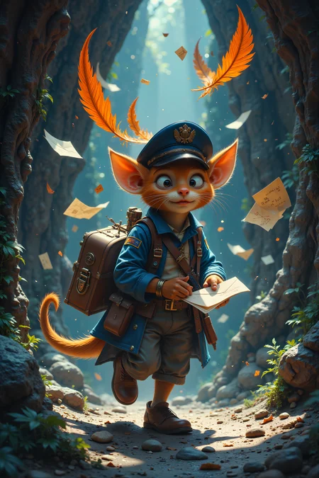 A timid kobold postal worker delivers mail through a dragon's lair. His mail bag is impossibly deep and glows with containment magic, while his uniform hat has a feather that detects danger. He carries an official postal service stamp that can seal away evil, and his comfortable walking shoes let him walk on any surface. Undelivered letters float behind him like loyal companions as he carefully steps between sleeping dragons. , detailed background Fantastic lighting. Detailed shadows.intricate details, vivid colors, hyper-detailed, ultra-sharp, , <lora:FluxMythR3alisticF:0.4><lora:midjourney_whisper_flux_lora_v01:0.4><lora:aidmaMJ6.1-FLUX-V0.1:0.4><lora:Movie_Portrait:0.4><lora:Flux DetailerV2:0.4>