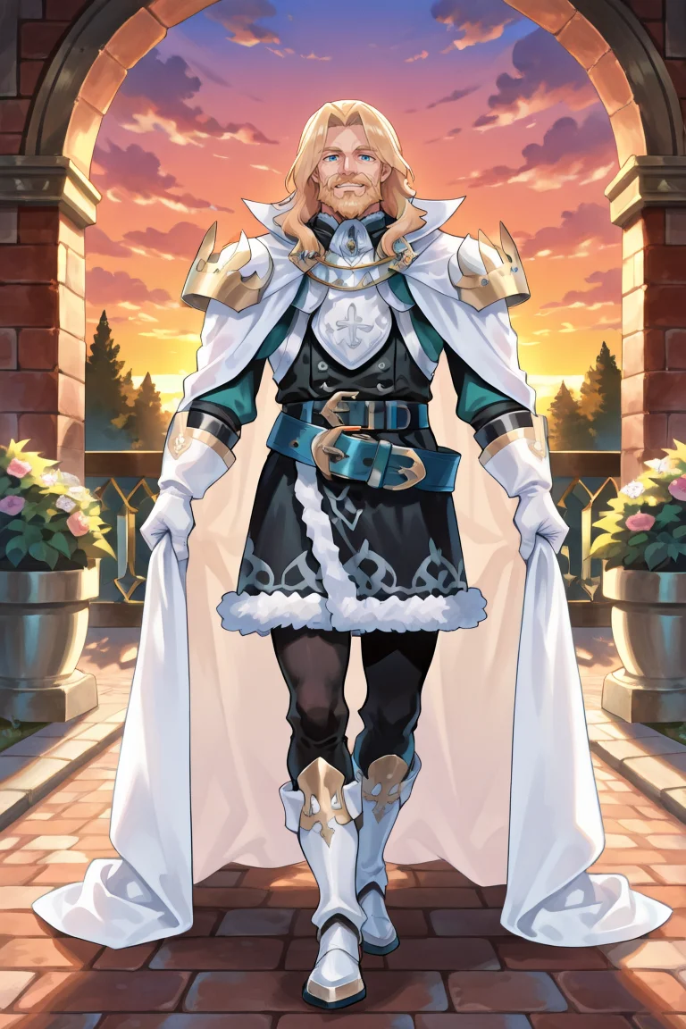 <lora:OrdeneIL:0.8> , ordedef, 1boy, blue eyes, blonde hair, long hair, facial hair, mustache, beard, white cape, collared cape, armor, pauldrons, white gloves, fur-trimmed skirt, black skirt, medium skirt, black leggings, belt, white boots, white greaves, full body, smile, sunset, garden, courtyard, adult male, mature male, old man, looking at viewer, solo, masterpiece, very aesthetic, absurdres, best quality, amazing quality, high resolution, newest, very awa, <lora:illustrious_quality_modifiers_masterpieces_v1:0.8> , <lora:ChamIllustriousBackgroundEnhancer:0.5>,  solo,