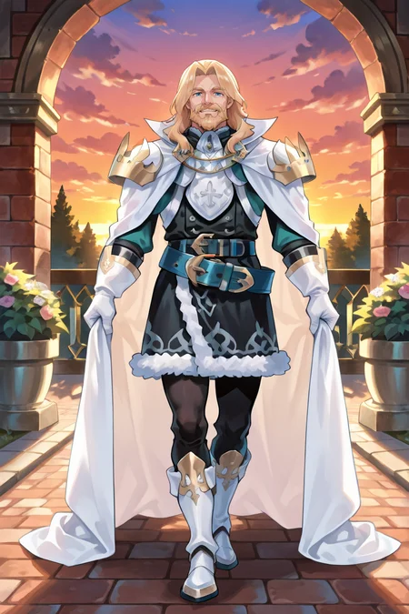 <lora:OrdeneIL:0.8> , ordedef, 1boy, blue eyes, blonde hair, long hair, facial hair, mustache, beard, white cape, collared cape, armor, pauldrons, white gloves, fur-trimmed skirt, black skirt, medium skirt, black leggings, belt, white boots, white greaves, full body, smile, sunset, garden, courtyard, adult male, mature male, old man, looking at viewer, solo, masterpiece, very aesthetic, absurdres, best quality, amazing quality, high resolution, newest, very awa, <lora:illustrious_quality_modifiers_masterpieces_v1:0.8> , <lora:ChamIllustriousBackgroundEnhancer:0.5>,  solo,