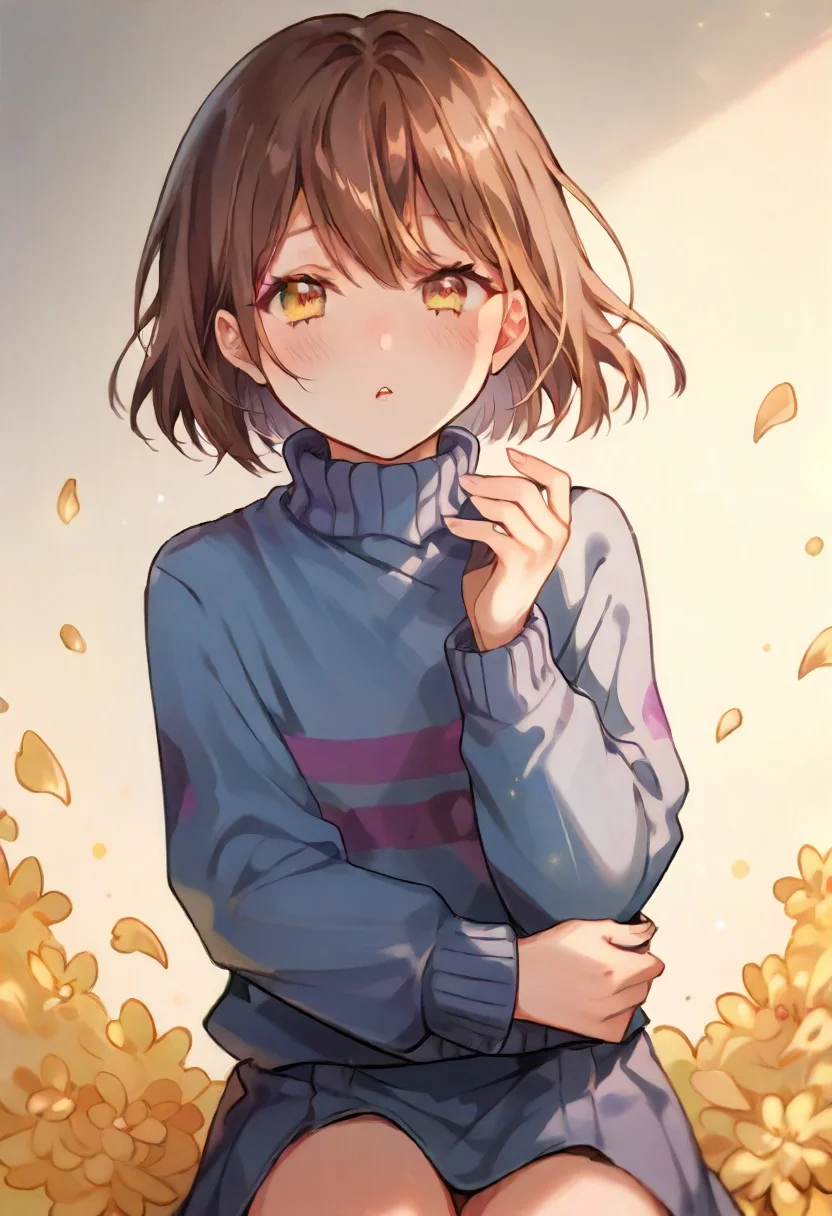 score_9, score_8_up, score_7_up ,FriskXL11, yellow eyes, brown hair, blue sweater with purple stripe,short hair, boots ,petals on arm, hansome face,blush, high detailed face,
<lora:Frisk:1.0>