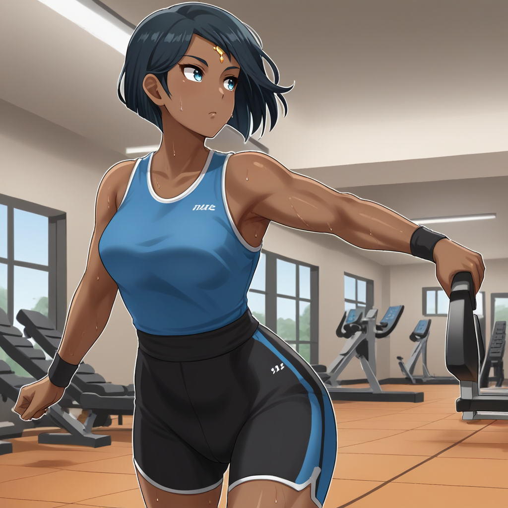 score_9, score_8_up, score_7_up, score_6_up, score_5_up, score_4_up, zPDXL2,source_anime,rating_questionable,looking at away, side profile,  mature woman, cowboy shot,  interior gym, on treadmill, running, sweat, exercise clothes, <lora:Ciel_Soleil_-_RWBY:0.8>Ciel_RWBY, blue eyes, short hair, forehead jewel, dark-skinned female, black hair,