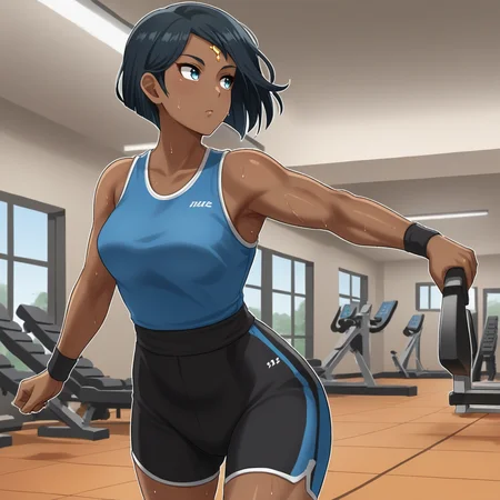 score_9, score_8_up, score_7_up, score_6_up, score_5_up, score_4_up, zPDXL2,source_anime,rating_questionable,looking at away, side profile, mature woman, cowboy shot, interior gym, on treadmill, running, sweat, exercise clothes, <lora:Ciel_Soleil_-_RWBY:0.8>Ciel_RWBY, blue eyes, short hair, forehead jewel, dark-skinned female, black hair,