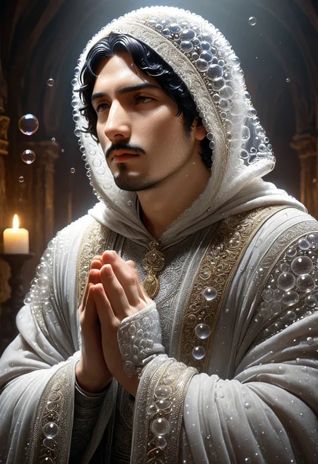 cinematic portrait, a man with hood praying statue made_of_bubbles, statue of torithor(1boy, bara, short hair, black hair, brown eyes, facial hair), intricate carvings covered with flower, dim candlelight flickering across weathered features, hyper-detailed fabric folds, volumetric fog, gothic atmosphere, 8k resolution, unreal engine 5, photorealistic, dramatic chiaroscuro lighting, bubbles, colorful bubbles
