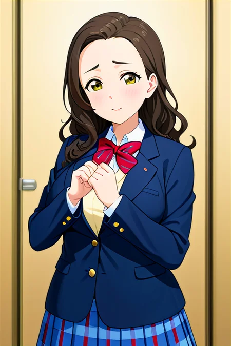 anime, best quality, (masterpiece:1.4), (high quality:1.4), sharp focus, 4k, absurd resolution, detailed hands, curly hair, long hair, (black hair:1.6), 1girl, mature female, (parted hair:1.7), (round face), (no_bangs:1.3), (no_fringe:1.6), <lora:ETO_OC_XL:0.7>, looking at viewer, (thick eyebrows), (plump:0.8), round-chin, (greenish brown eyes), (brownish green eyes), big breasts, caucasian, down-turned eyes, blush, 1girl, forehead, <lora:printemps lovelive XL:0.8> winter uniform, blue blazer, summer uniform, yellow vest, casual,