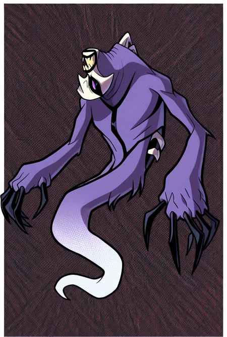 <lora:zskayr-10:1> zskayr, no humans, solo, monster, teeth, black claws, pokemon (creature), single purple eye, , purple skin, sharp teeth, , black sclera,, ghost tail, full body, no legs, dynamic pose,, upper body, halftone effect, white borders, abstract background:1.2,, masterpiece, best quality, amazing quality, very aesthetic, absurdres, newest,