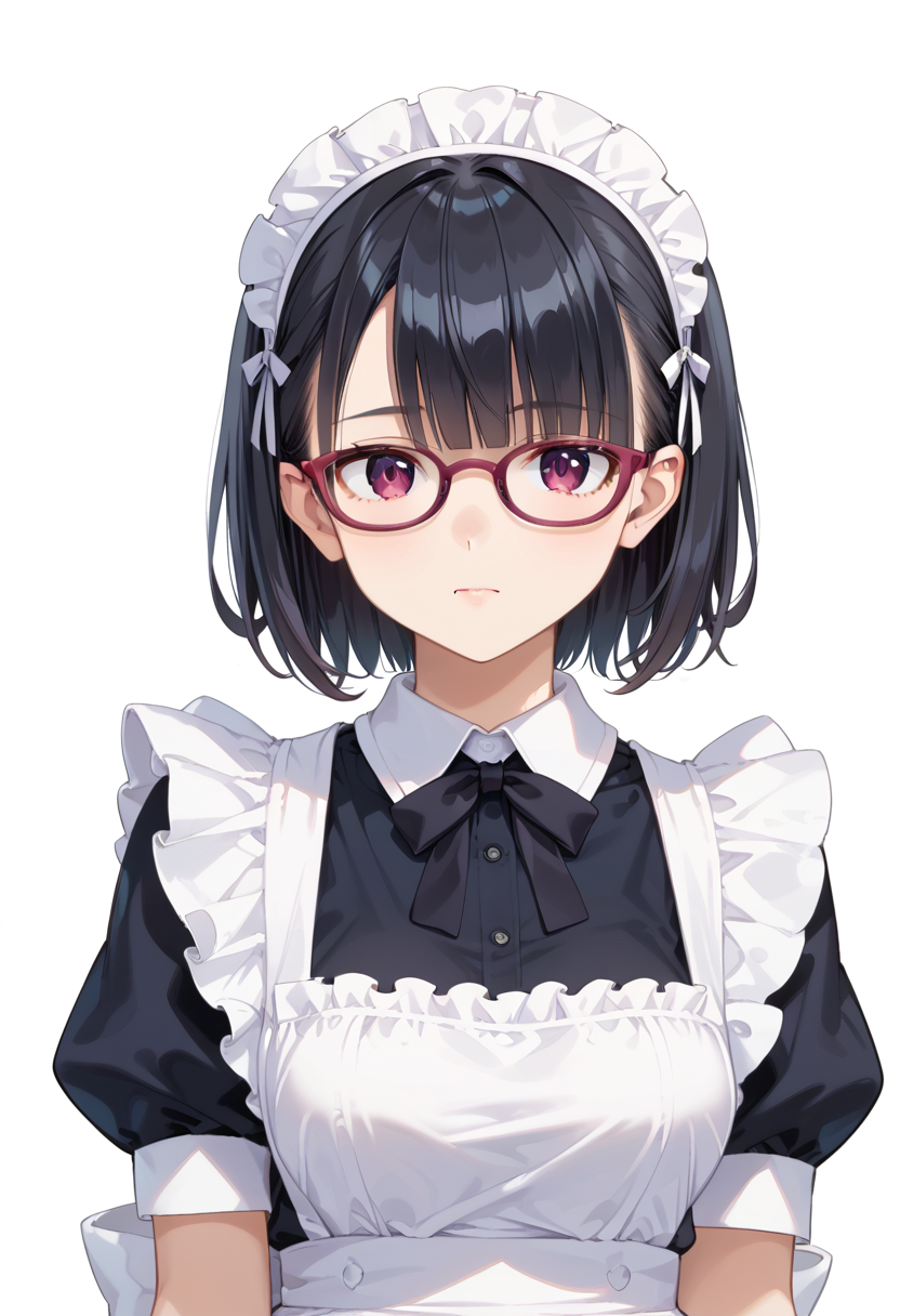 score_9, score_8_up, score_7_up, rating_safe, masterpiece, best quality, absurdres, unity 8k wallpaper, official art, official style, source_anime, uncensored, game cg, megami magazine,
1girl, solo, black hair, medium hair, upper body, covered eyes,maid, maid headdress, black dress, maid apron, face focus,
oval_cell, glasses, still life, white background, simple background, red-framed eyewear,
 <lora:glasses_OvalCell2_PONY_V1:1>