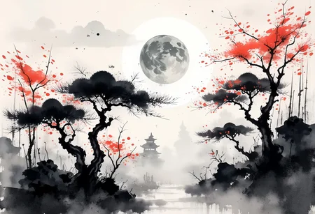 A breathtaking fusion of cool Asian design unfolds in a red, white, and black masterpiece, where the full moon, vast and radiant, dominates the night sky. Its soft silver glow filters through the mist, casting elongated shadows of elegant, ancient trees, their dark silhouettes standing like timeless sentinels against the luminous backdrop. The contrast of deep black branches against the pale sky evokes an air of serenity, mysticism, and quiet power. Hints of red emerge as scattered autumn leaves, flowing ink-like patterns, or bold architectural accents, enhancing the balance of minimalism and artistic expression. Delicate wisps of mist drift through the scene, partially veiling the landscape and adding a sense of mystery and refinement. The composition, inspired by traditional Asian aesthetics, seamlessly blends modern elegance with ancient symbolism, evoking an atmosphere both harmonious and visually captivating, where the moonlit night and nature’s quiet grace intertwine in perfect balance. ink and brushstroke dismrt style.