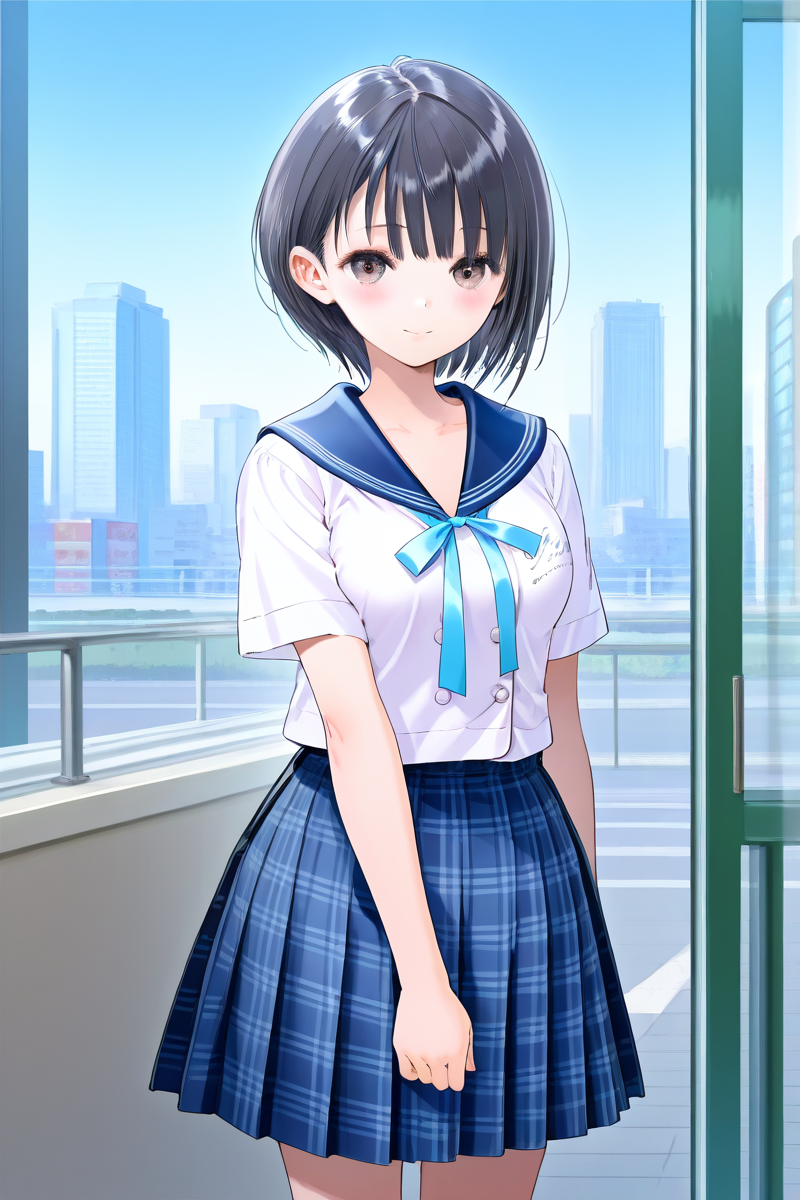 <lora:Shirai_Hinako_Blue_Reflection_illus:1>Shirai Hinako, 1girl, solo, looking at viewer, blush, short hair, bangs, skirt, pedestrian city, black hair, shirt, shop background, ribbon, brown eyes, closed mouth, school uniform, standing, white shirt, short sleeves, pleated skirt, serafuku, sailor collar, blue skirt, plaid, kneehighs, plaid skirt, blue sailor collar, anime color, seductive smile, open mouth, medium breast, <lora:HandFixer_pdxl_Incrs_v1:1> (slender body), medium skirt, (tall girl), <lora:Add_more_details_pony:0.8> cowboy shot,