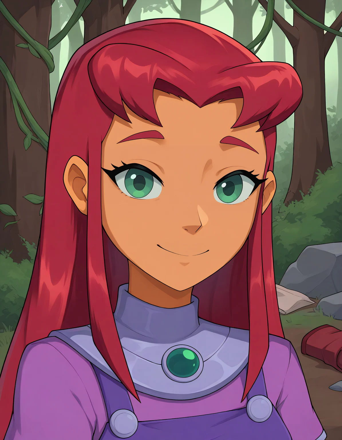 , ssssnowy, illustarfire, red hair, long hair, orange skin, green eyes, shirt, thermal_shirt, Mauve shirt, overalls, work_boots, handkerchief, tool_belt,, 1girl, portrait, face focus, looking at viewer, smiling, closed mouth, forest, overgrown, vine_covered_ruins, stone_archway,,,
