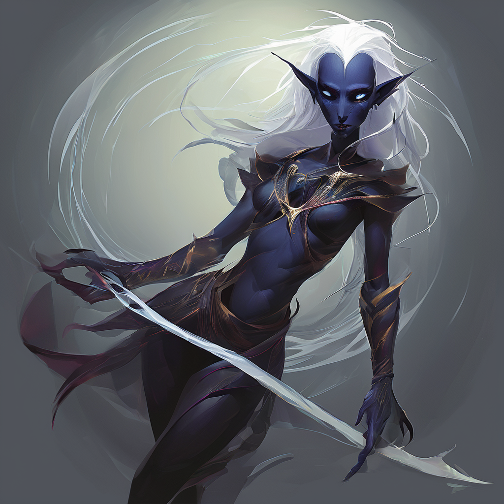 Drow are the Dark Elves of the Underworld - fearless killers who are known for both their spellcasting and fighting ability. Though more frail than humans,they are solid fighters with a great reputation of ruthlessness and precision. Those who cross a dark elf usually meet a swift demise. Drow are tallish elves with indigo skin and white hair,and usually have either red or golden eyes.,masterpiece,long exposure,layered elements,motion photography,stark contrasting color transitions,saturated colors,harmonious color story,illusionism,beautiful details,blackhole energy core,
<lora:artfullydrow__sdxl_v1:1>,drow ranger,scimitars,panther familiar,protection from evil,whirlwind attack,faerie fire,tracking,friend,of the moon elves,