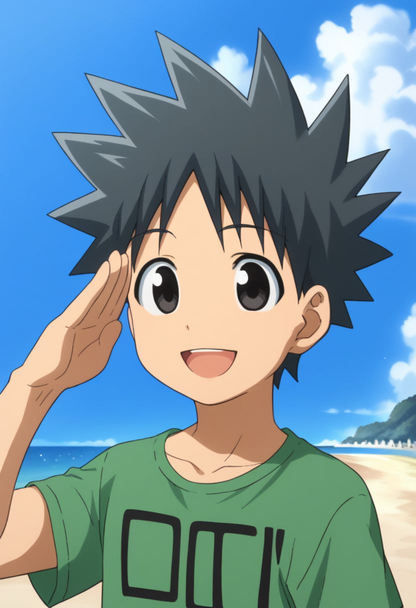 score_9, score_8_up, score_7_up, source_anime, highly detailed, cute,
takeru, 1boy, male focus, solo, black hair, sky, open mouth, salute, smile, spiked hair, black eyes, day, blue sky, cloud, shirt, pants, upper body,
outdoor, beach, sky, clouds,