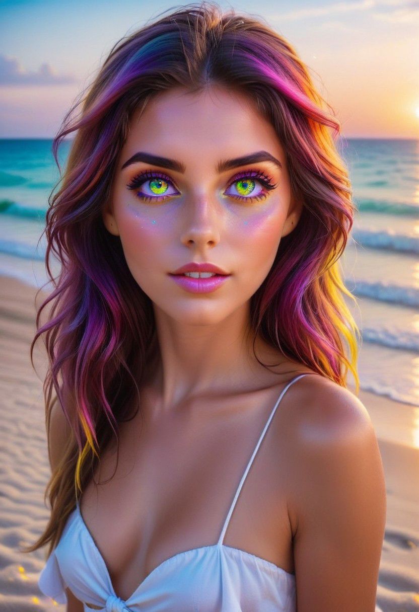 cute girl with Rainbowiridal electrical bright  dragon eyes , intense gaze, at the beach, flirty, Belle