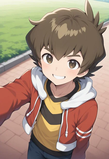 masterpiece,best quality,amazing quality,
bayamano, 1boy, male focus, solo, brown eyes, brown hair, shirt, yellow shirt, jacket, red jacket, hood, smile, grin,
outdoor,