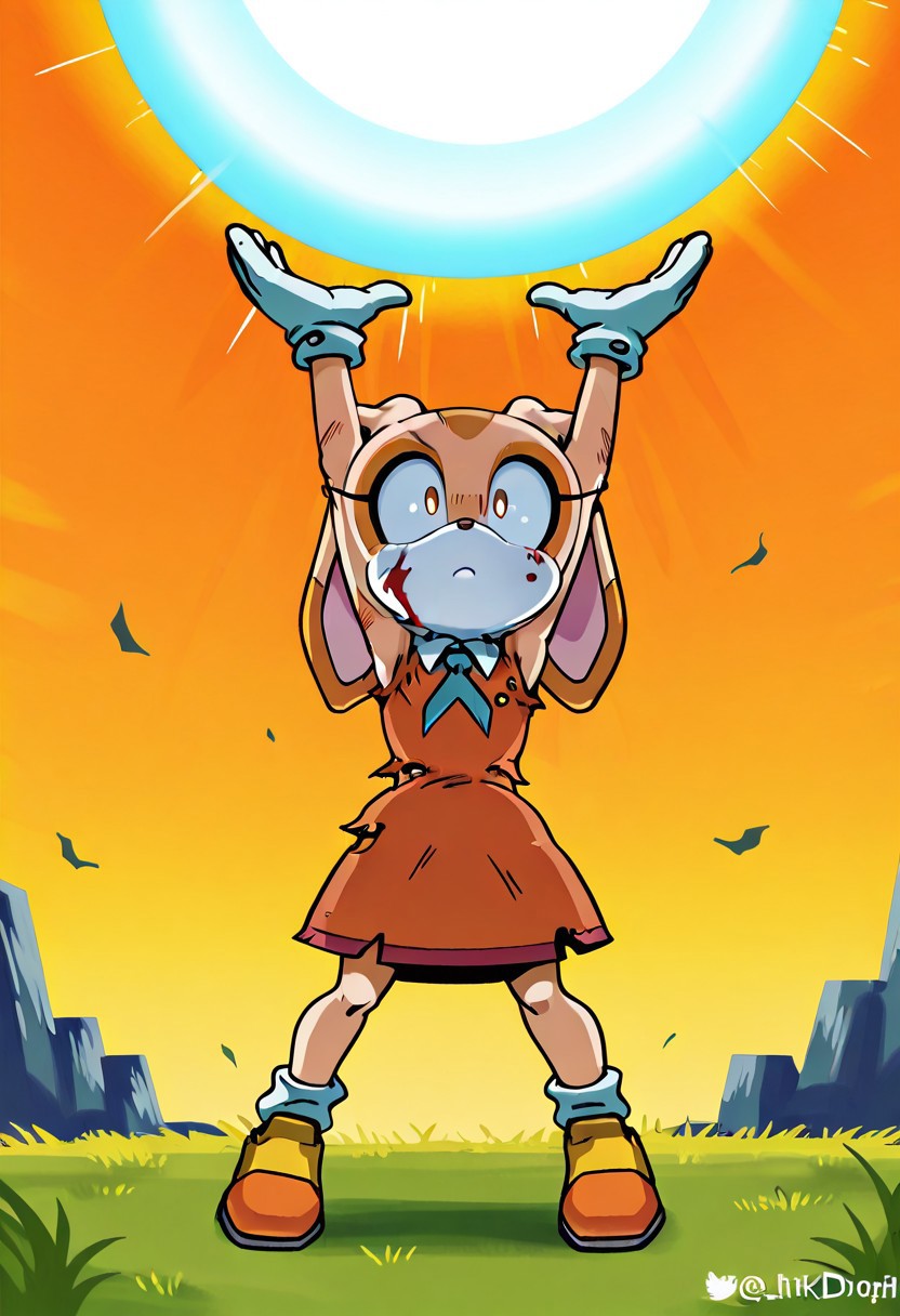 battle damage, blood on face, torn clothes,,1girl, solo, <lora:Candleyy:1> , serius, expression,genkddamaan, spirit bomb, raising arms,hands up,   floating power orb,power orb over head, colossal power orb above,
<lora:Jewel-IL:0.8> ,Cream the rabbit, 1girl, solo, anthro, furry, female, furry female,animal nose,
orange dress, blue necktie, orange and yellow_shoes, white socks, white gloves, gold buttons, white collar,orange shoes
extremely detailed, highres, masterpiece, best quality, outdoor, grass,
