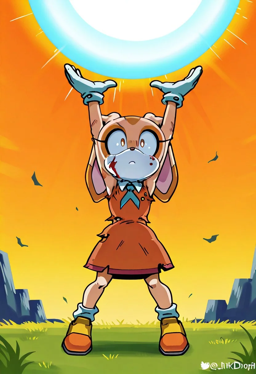 battle damage, blood on face, torn clothes,,1girl, solo, <lora:Candleyy:1> , serius, expression,genkddamaan, spirit bomb, raising arms,hands up, floating power orb,power orb over head, colossal power orb above,
<lora:Jewel-IL:0.8> ,Cream the rabbit, 1girl, solo, anthro, furry, female, furry female,animal nose,
orange dress, blue necktie, orange and yellow_shoes, white socks, white gloves, gold buttons, white collar,orange shoes
extremely detailed, highres, masterpiece, best quality, outdoor, grass,