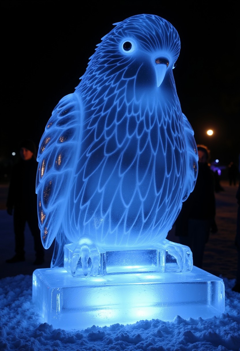 beautiful ice sculpture that looks like a budgie, beautiful patterns carved into the ice. The Sculpture is illuminated from the bottom.