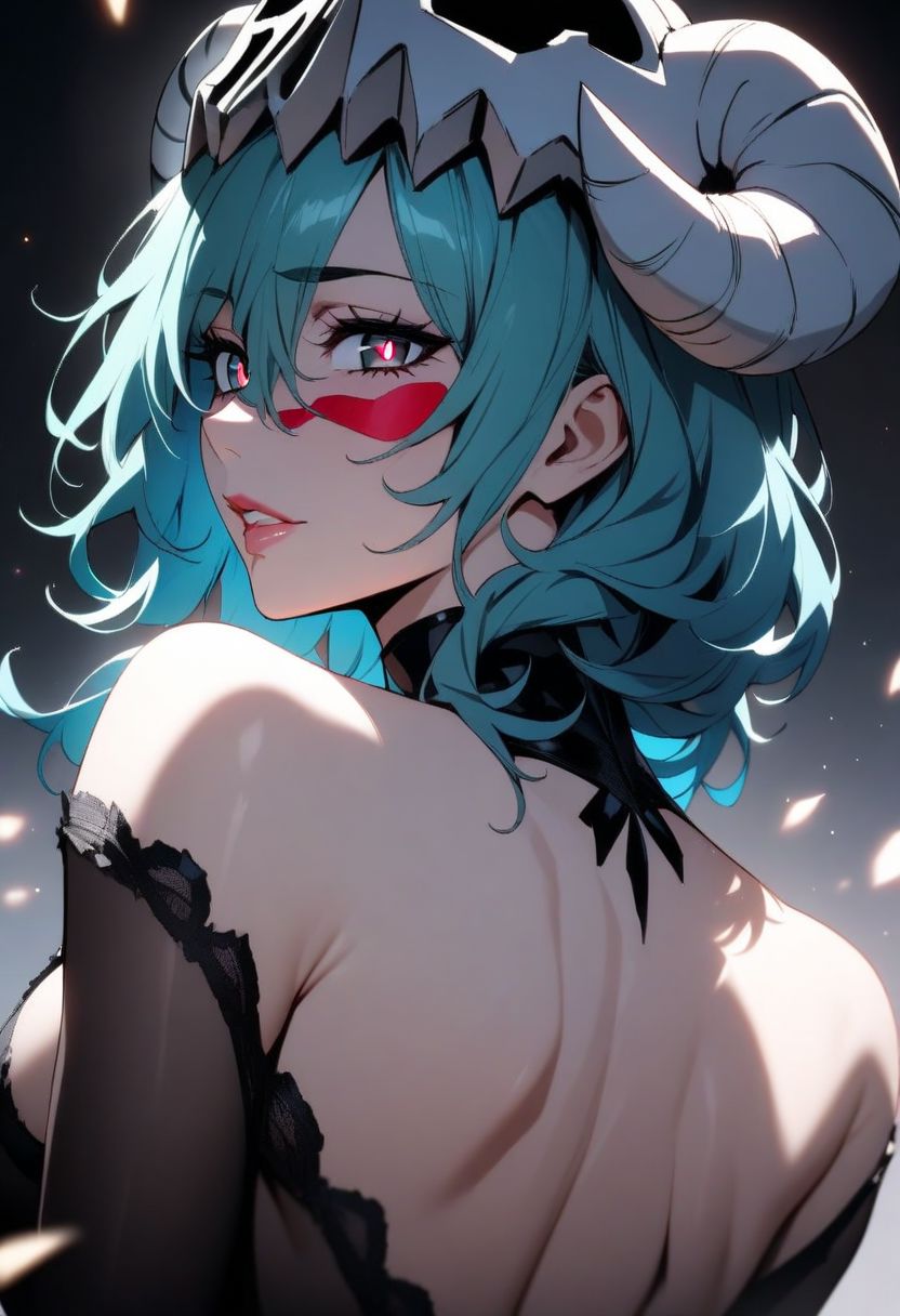 (masterpiece), (best quality), (ultra-detailed), 
1girl, solo,  gorgeous lips, an elegant face, 
light particle, particle, shadow, nelliel tu odelschwanck, bleach, detailed lips , black detailed pupils, from back, back,