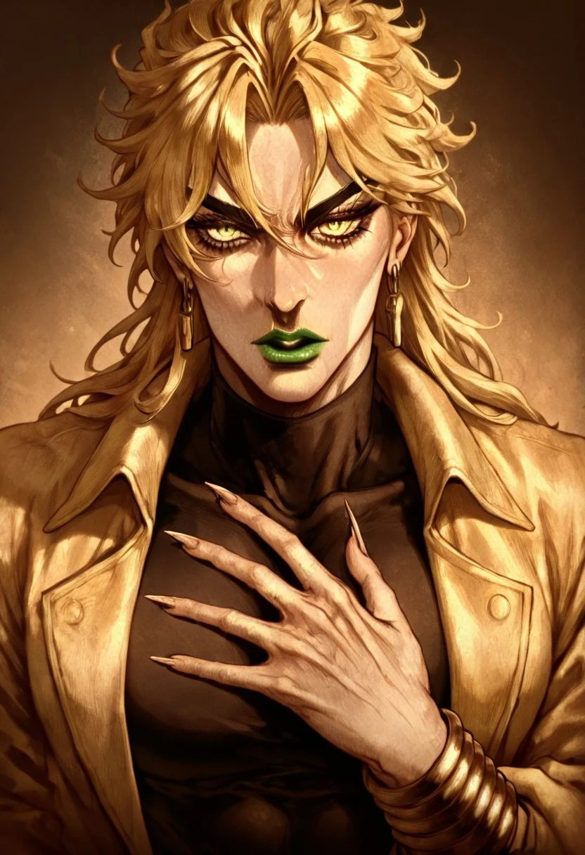masterpiece, best quality, newest, absurdres, highres, D3CSPS-V1.0, brown theme, sepia, 1boy, dio brando \(jojo no kimyou na bouken\), blonde, green lipstick, long fingernails, green lips, jewelry, yellow eyes, yellow jacket, black shirt,