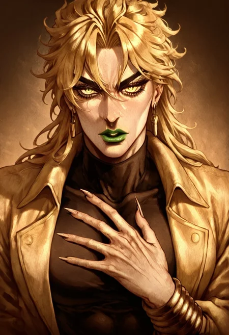 masterpiece, best quality, newest, absurdres, highres, D3CSPS-V1.0, brown theme, sepia, 1boy, dio brando \(jojo no kimyou na bouken\), blonde, green lipstick, long fingernails, green lips, jewelry, yellow eyes, yellow jacket, black shirt,