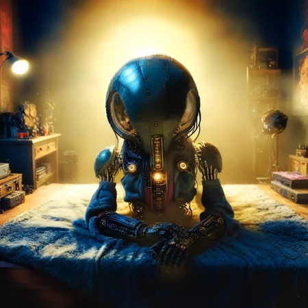 photo of Hyperrealistic art Wonderful, intricate, (colorful), This artwork draws from the Dutch Golden Age's rich palette and dark, grungy backgrounds to evoke nostalgia and decay, while its bright tea and strong shadows add depth. Influenced by Roy Lichtenstein's bold colors and distorted imagery, it features a center-stage, oversized vintage plush toy with glossy eyes and metallic arms, exuding an eerie aura from its weathered appearance. Beneath it lies a Scottish rug with deep crimson hues, merging Scottish and Indian artistry. The room, a cozy bedroom, reflects an artist and gamer's world with an illustrator’s desk, graphic novels, video games like The Legend of Zelda and Cyberpunk 2077, sci-fi plushies, and gaming memorabilia. A bed with soft blankets, a dresser, mood lighting, a 65-inch TV, and a leather recliner complete the intimate, balanced space.
(white and iridescent colors:1.1) bright colors, alchemist, alt_style, cinematic, 35mm film, 35mm photography, film, photo realism, DSLR, 8k uhd, hdr, ultra-detailed, high quality, high contrast,
<lora:xl_more_art-full_v1:1>
easynegative, FastNegativeV2, CyberRealistic_Negative, reelmech, mechanical parts, cable, wires, machinery, joints, body suit, toy_face, ltctr, color + light contour