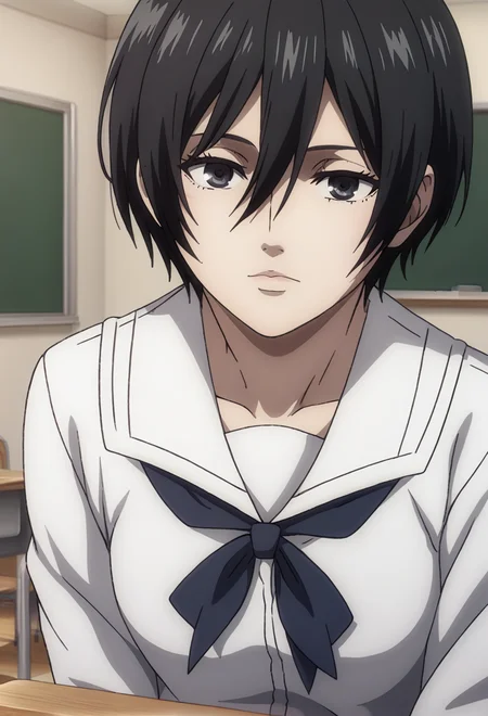 score_9, score_8_up, score_7_up,1girl,source_anime,mikasaPNY ,black hair,short hair,hair between eyes,bangs,detailed face,masterpiece,best quality, wearing a school uniform, classroom, <lora:mikasaPNY (2):1>