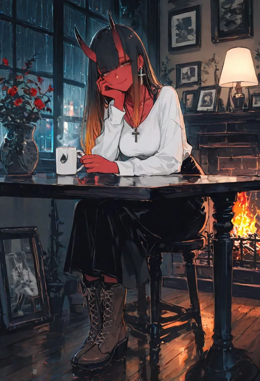 masterpiece, best quality, Good quality, very aesthetic, absurdres, newest,1girl, light rays, looking at viewer, solo,
Cinematic Lighting, gradient color, artist:john_kafka,
BREAK
masterpiece, amazing quality, best quality, ultra-detailed, 8K, illustration, CG, ultra-detailed-eyes, detailed background, eyelashes, erotic, looking seductive, coy. dynamic action image, detailed face, detailed eyes, direct mesmerizing gaze, mature female, medium breast, shiny texture
BREAK
(sexy, slutty, hot, aroused),
Aka-Oni, oni, colored skin, red skin, smooth horns, black horns,
BREAK
long hair, looking at viewer, smile, shirt, skirt, long sleeves, holding, closed mouth, jewelry, sitting, brown eyes, white shirt, full body, flower, earrings, boots, indoors, black skirt, black footwear, necklace, bag, cup, window, night, brown footwear, chair, table, plant, fire, holding cup, steam, hand on own face, cross-laced footwear, reflection, rain, head rest, wooden floor, mug, hand on own cheek, potted plant, lamp, hand on own chin, stool, coffee, picture frame, vase, coffee mug, drawing \(object\), cafe, wooden table, fireplace, limited palette,