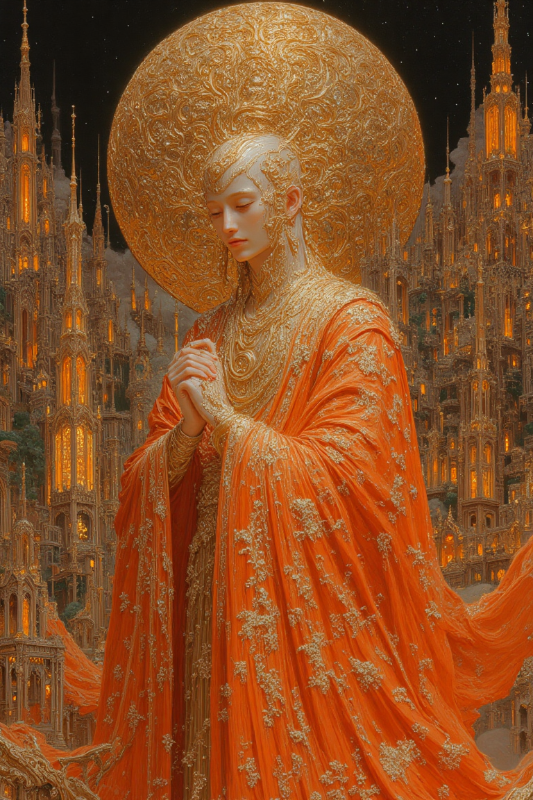 This is a highly detailed manhwa-style oil painting portraying an elegant, pure-white-skinned woman standing in a breathtaking, futuristic cityscape at night. She is draped in a luxurious, flowing orange robe adorned with intricate golden embroidery and elaborate patterns, cascading to the ground with regal grace. An ornate golden crown rests atop her head, complemented by a multitude of shimmering golden accessories—bracelets, necklaces, and delicate chains—enhancing her divine presence. Her expression is serene and introspective, eyes gently closed, with her hands delicately clasped in front of her, exuding an aura of wisdom and mystique. The background presents a luminous, futuristic metropolis infused with radiant golden and fiery orange hues, its towering, complex structures aglow with warm, golden illumination. The skyline is a marvel of sharp, angular architecture, where vibrant, glowing windows carve an intricate symphony of light against the darkness. Above, a massive, ethereal moon casts a celestial glow, amplifying the surreal grandeur of the scene. The painting's style is rich in texture, depth, and realism, with every fold of fabric, every gleaming ornament, and every radiant light meticulously rendered to craft an awe-inspiring, immersive masterpiece.