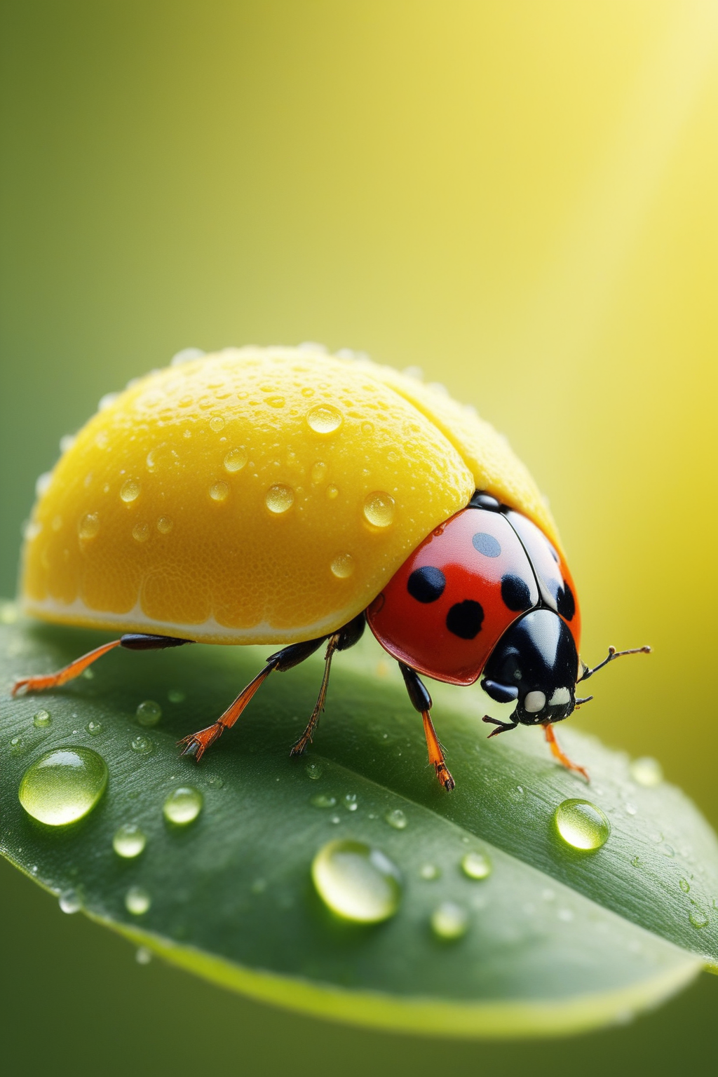 high quality,masterpiece,ultra-high resolution,incredible composition,extremely detailed, <lora:When_Life_Gives_You_Lemons:0.8>, wl_lemons, A close-up, high-resolution professional photograph of a ladybug sculpted from a lemonâits shell a shiny yellow dome like a whole lemon, dotted with green spots resembling zest flecks, and legs shaped like tiny lemon segments. The ladybug rests on a dew-covered flower petal, with a vibrant garden background in soft morning light, creating a fresh and cheerful natural scene. The focus is razor-sharp on the ladybug, with a dreamy blurred backdrop.