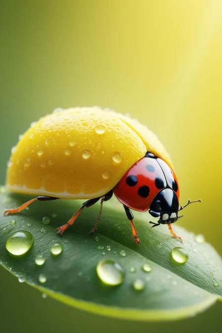 high quality,masterpiece,ultra-high resolution,incredible composition,extremely detailed, <lora:When_Life_Gives_You_Lemons:0.8>, wl_lemons, A close-up, high-resolution professional photograph of a ladybug sculpted from a lemonâits shell a shiny yellow dome like a whole lemon, dotted with green spots resembling zest flecks, and legs shaped like tiny lemon segments. The ladybug rests on a dew-covered flower petal, with a vibrant garden background in soft morning light, creating a fresh and cheerful natural scene. The focus is razor-sharp on the ladybug, with a dreamy blurred backdrop.