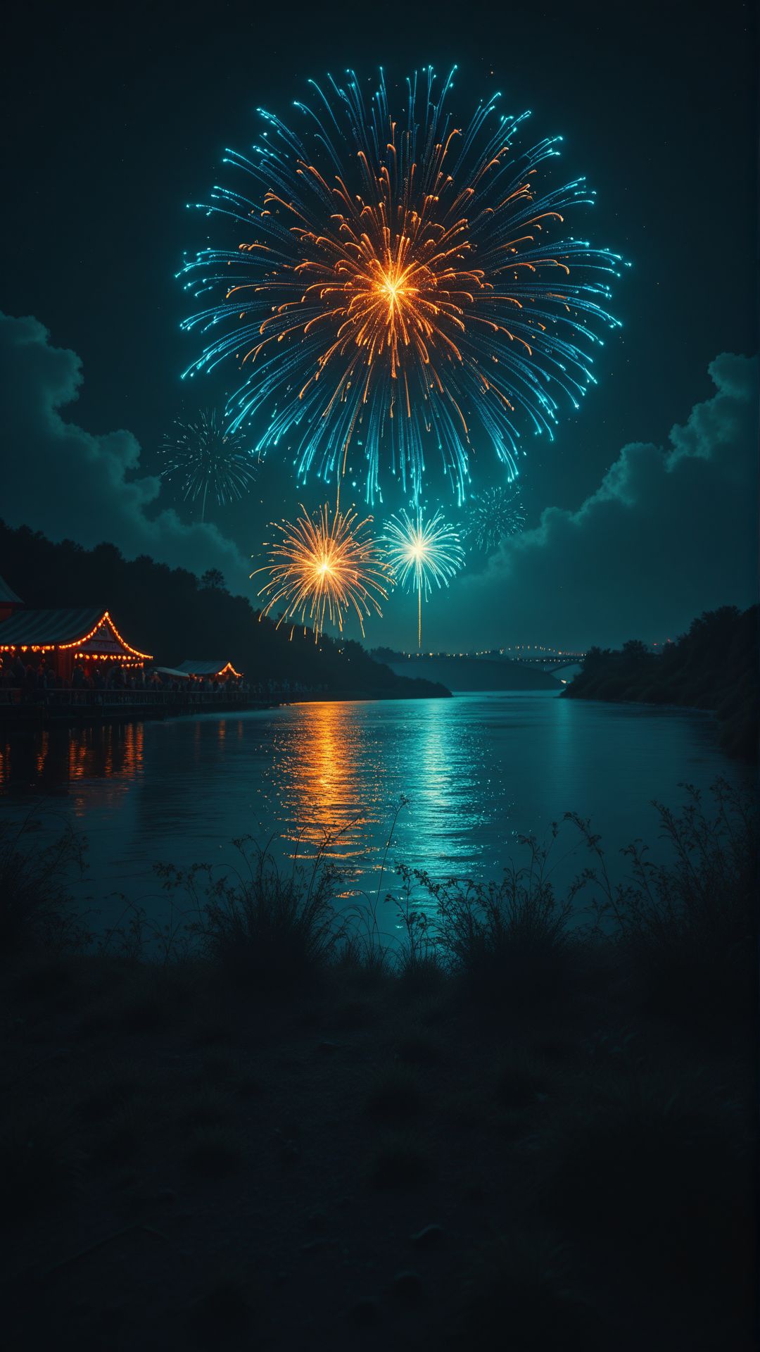 (Festival Fireworks Scene by the River) – A group of teenagers sitting on a grassy hill, watching a fireworks display over a glowing river, their silhouettes illuminated by the bursts of color. (anime, summer festival, warm night glow, atmospheric lighting, soft nostalgic feel, dreamy composition, high-detail environment) 
, aidmafluxpro1.1 <lora:aidmaFLuxPro1.1_v0.3_IL:0.8>