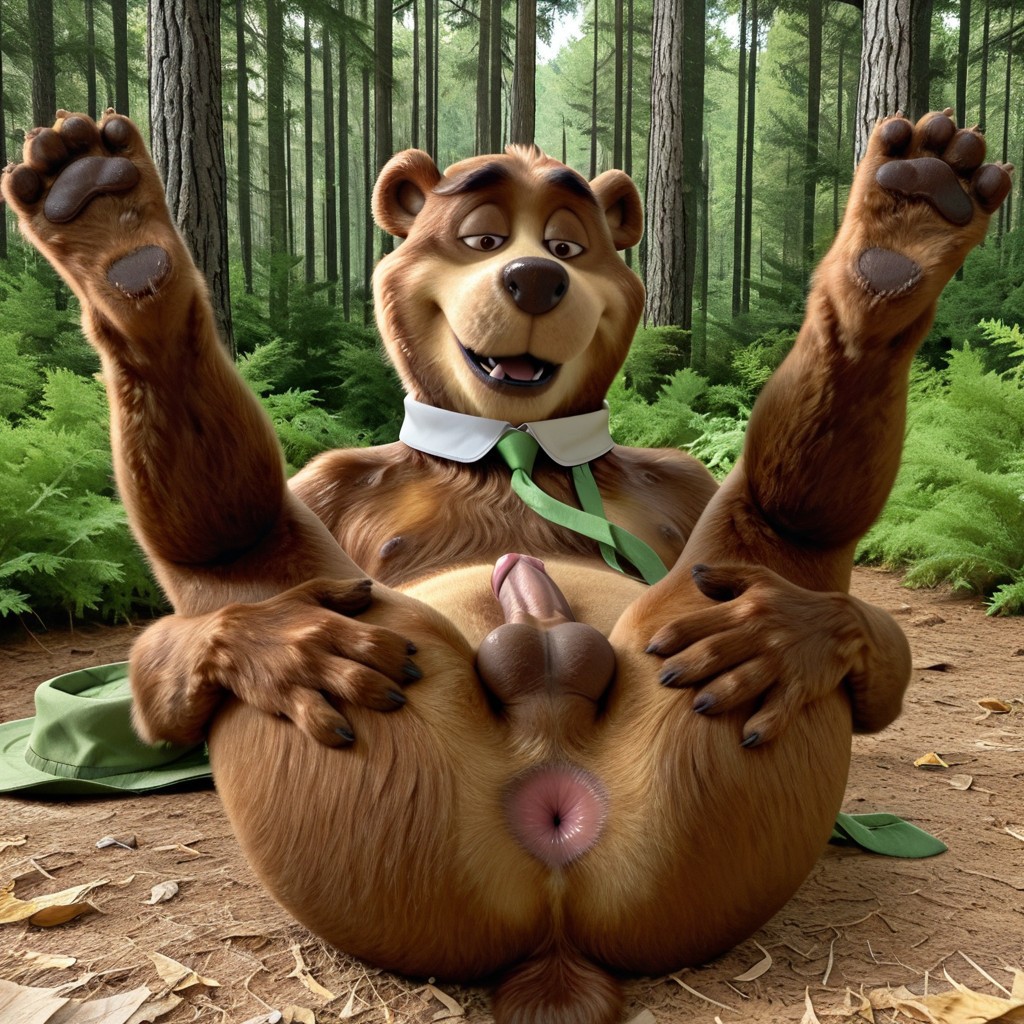 masterpiece, very detailed, very aesthetic, best quality, 8k, newest, Solo male, Yogi Bear, furry, detached collar, undone_necktie, undone tie, discarded hat, on back, legs up, penis sheath, balls, fully sheathed, presenting anus, half-closed eyes, needy, in heat, moaning, forest,