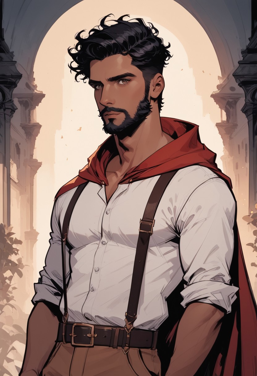 (score_9, score_8_up:1.1), score_7_up, masterpiece, volumetric lighting, ray tracing, source-fantasy, (((half portrait))), 1 male, solo, wizard, mage, (((Indian))), indian male model, ((dark skin)), (black hair, undercut, fluffy hair), handsome, slender, scholarly, intellectual, brown eyes, (black beard, short beard), ((facial hair)), (tattered red cloak, shawl), (white shirt, sleeves rolled up), (brown pants, belt, suspenders), (holding wand), intricate clothes, textured skin, fantasy city street, (3-frame sketch), raw lighting, overexposed, harsh flash, volumetric lighting, cinematic lighting, aesthetic design, dramatic angle, dramatic framing, cinematic framing, posing at an angle,
