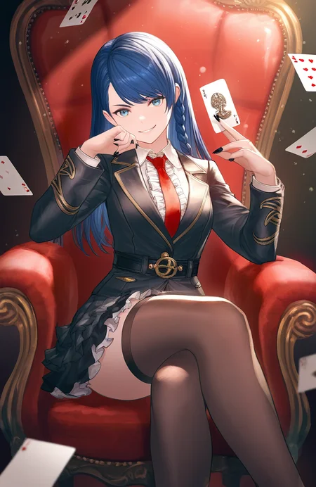 masterpiece,best quality,amazing quality,very aesthetic,absurdres,newest,impactful picture,offcial art,movie perspective,
lobelia \(doa\),long hair, asymmetrical bangs, single braid, side braid,looking at viewer,blue hair,evil grin,
artist:minaba hideo,
holding cards,playing cards,cards drop, jacket, necktie, red necktie, thighhighs, smile, frillsta fashion, looking at viewer, black nails, black thighhighs,sitting, playing card, shirt, long sleeves, frilled skirt, layered skirt, solo, black jacket, nail polish, skirt, white shirt, center frills, chair, collared shirt, black skirt, crossed legs, feet out of frame, closed mouth 
 <lora:doa_lobelia_noobxl_vpred10_v10:0.9>
