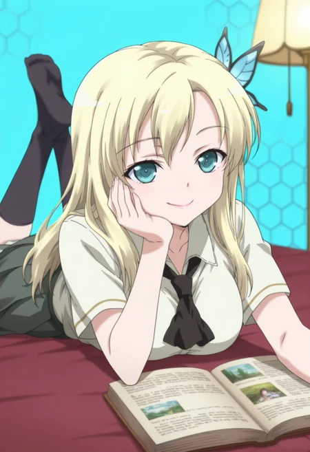 anime screencap, anime coloring, , <lora:DX888Sena:1> kashiwazaki sena, aqua eyes, blonde hair, long hair, butterfly hair ornament, school uniform, white shirt, ascot, pleated skirt, BREAK aqua background, honeycomb background,( simple background:1.2), BREAK 1girl, book, closed mouth, depth of field, hand on own cheek, hand on own face, head rest, lamp, lying, no shoes, on stomach, open book, reading, smile, soles, solo,