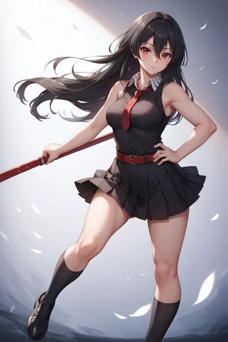 score_9, score_8_up, score_7_up, BREAK source_anime, <lora:akame-PonyXL:0.8> akame, red eyes, black hair, long hair, hair between eyes, medium breasts, black pleated skirt, black sleeveless shirt, bare shoulders, red necktie, red belt, black socks, black shoes, standing,