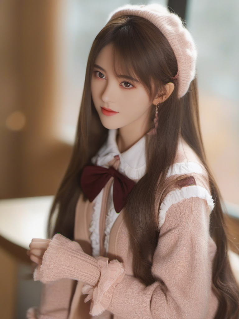 masterpiece, best quality, girl, long hair, looking at viewer, brown cardigan , frilled socks, hair_bow, bowtie, in winter, blush, sweater dress, ,<lora:sl_btf:1>