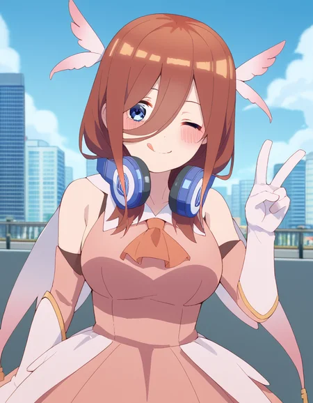 score_9, score_8_up, score_7_up, source_anime, mikunakano, <lora:miku-nakano-s2-ponyxl-lora-nochekaiser:1>, miku nakano, long hair, bangs, blue eyes, brown hair, hair between eyes, headphones, headphones around neck, large breasts,, <lora:prisma-illya-cosplay-ponyxl-lora-nochekaiser:1>, prismaillyacosplay, prisma illya \(cosplay\), dress, elbow gloves, feather hair ornament, feathers, frilled dress, frills, gloves, hair ornament, layered gloves, magical girl, orange ascot, pink dress, pink feathers, pink gloves, pink sleeves, white gloves,, cityscape, street, smile, blush, v, v over eye, one eye closed, tongue out,, cowboy shot, dutch angle, solo,