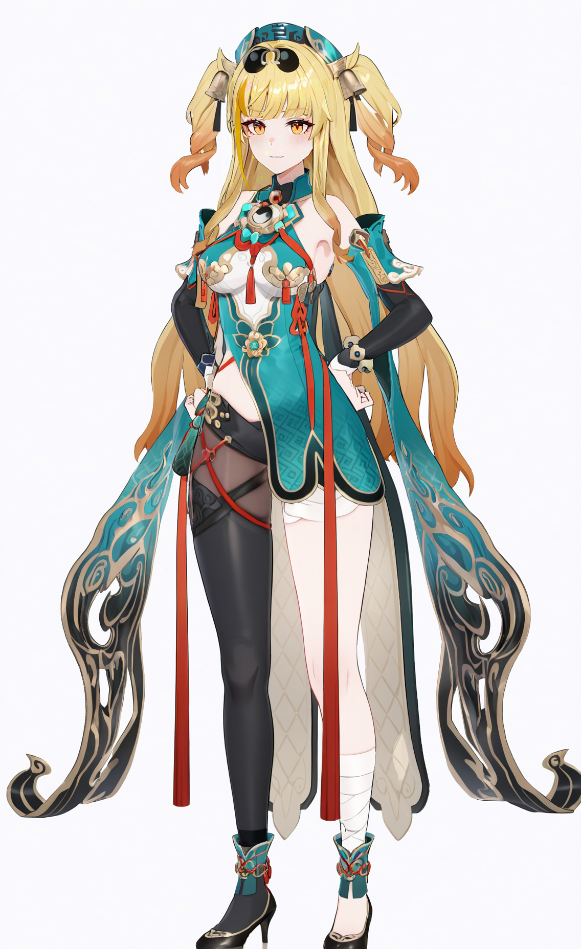 8k, best quality, masterpiece, (ultra-detailed), (high detailed skin), (white background:1.3), 
(full body:1.25), (white background), standing, looking at viewer, (solo), hands on hips, 
<lora:songque-A3-Tanger-000013:0.8>, songque, 1st clothes, shen1, 1girl, blonde hair, long hair, two side up, breasts, multicolored hair,
(beautiful_face), ((intricate_detail)), clear face, 
((finely_detailed)), fine_fabric_emphasis, 
((glossy)), full_shot,