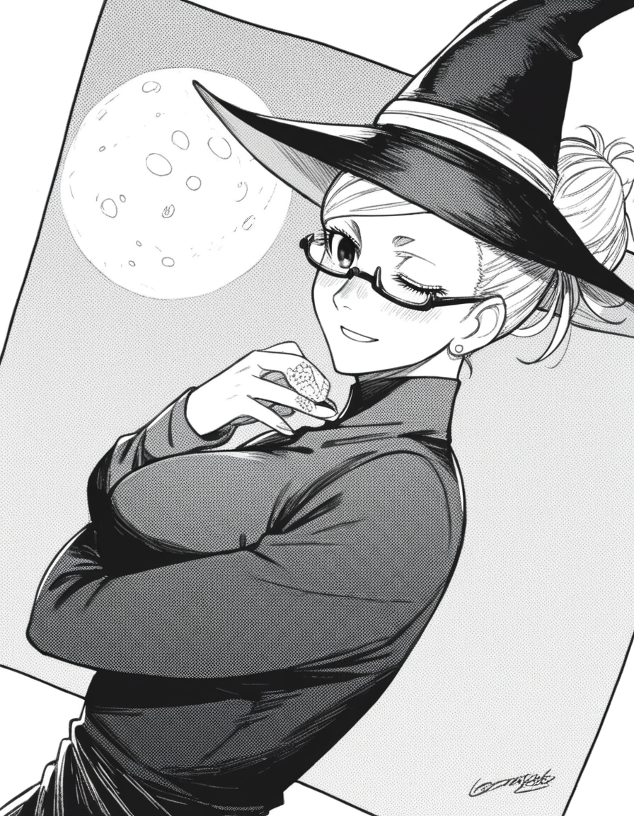 score_9, score_8_up, score_7_up, source_anime, <lora:seiko-ayase-manga-ponyxl-lora-nochekaiser:1>, seiko ayase, long hair, large breasts, monochrome, greyscale, earrings, glasses, hair bun, semi-rimless eyewear, under-rim eyewear,, <lora:witch-ponyxl-lora-nochekaiser:1>, witch, hat, witch hat, dress, halloween, halloween costume, jewelry,, night, moon, blush, smile, one eye closed,, , dutch angle, cowboy shot