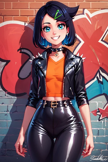score_9, score_8_up, score_8, medium breasts, (curvy), cute, eyelashes, BREAK, , Liko, hairclip, <lora:Liko-Idkanymore50:0.8>, , BREAK, smile, looking at viewer, leather jacket, leather pants, black jacket, tight pants, black choker, zipper, biker clothes, spikes, multiple belts, shiny clothes, high collar, (graffiti:1.2), brick wall, cowboy shot, embedding:zPDXL, Expressiveh, <lora:CatalystStylePDXL:0.6>, <lora:SDXLFaeTastic2400:0.5>, <lora:Expressive_H-000001:0.4>,