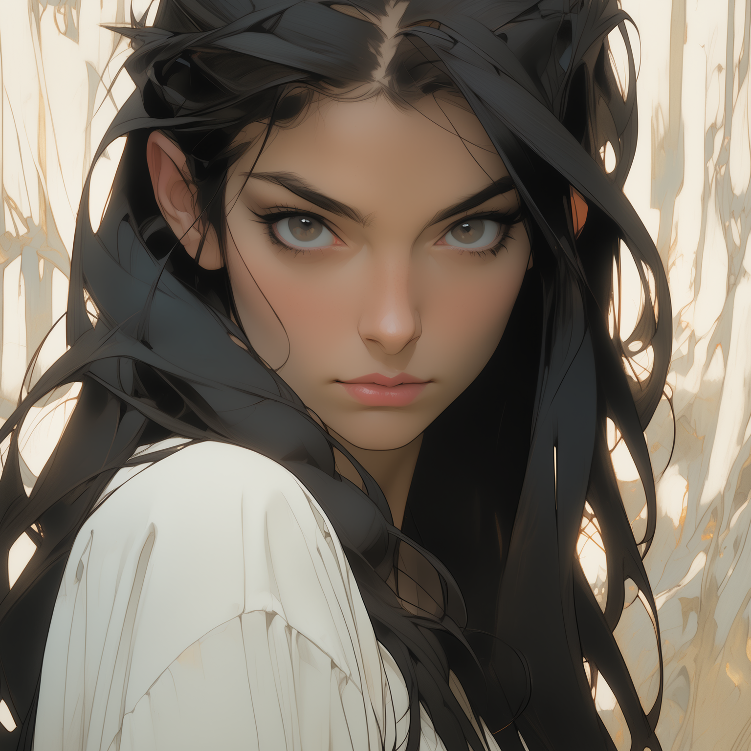 NijiEX style close-up portrait of a young woman with long dark hair intense eyes and a neutral expression