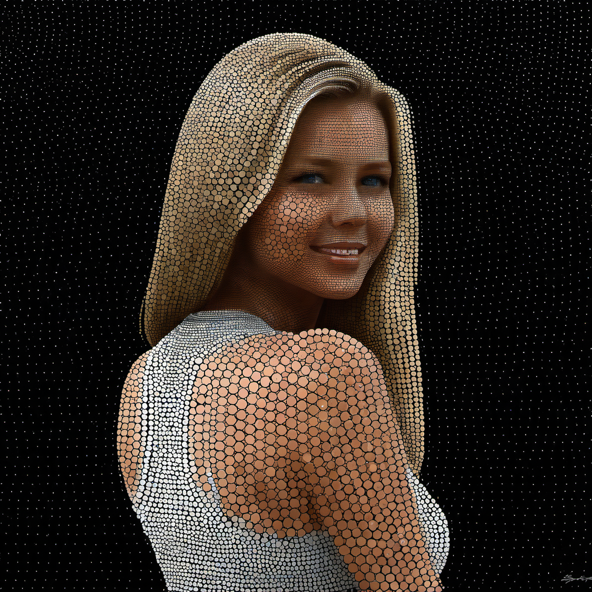 dotart, girl, blue eyes, blonde hair, shirt, upper body, sleeveless, black background,<lora:Dor_Art:1>