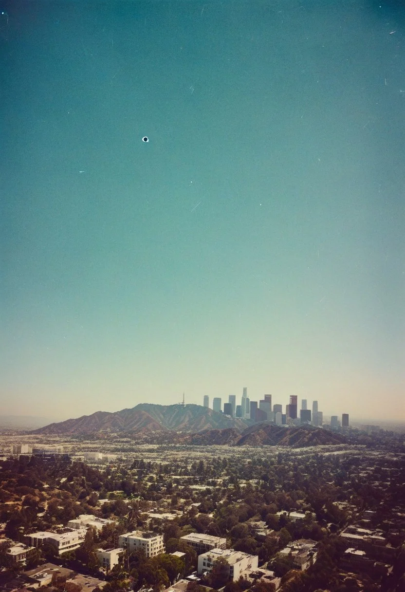 ()Hyoer Realistic:2.0)Polaroid picture 
an image of 
A stunning aerial view of Los Angeles, California, with a beautiful blue sky and palm trees lining the streets. The iconic Hollywood sign is visible on a hill, and the city skyline is dotted with modern skyscrapers and older buildings. The streets are bustling with life, and there's a sense of excitement and glamour in the air.
