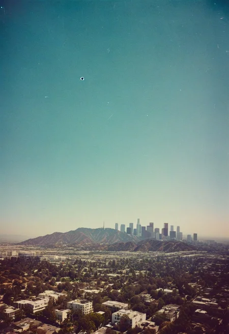 ()Hyoer Realistic:2.0)Polaroid picture 
an image of 
A stunning aerial view of Los Angeles, California, with a beautiful blue sky and palm trees lining the streets. The iconic Hollywood sign is visible on a hill, and the city skyline is dotted with modern skyscrapers and older buildings. The streets are bustling with life, and there's a sense of excitement and glamour in the air.