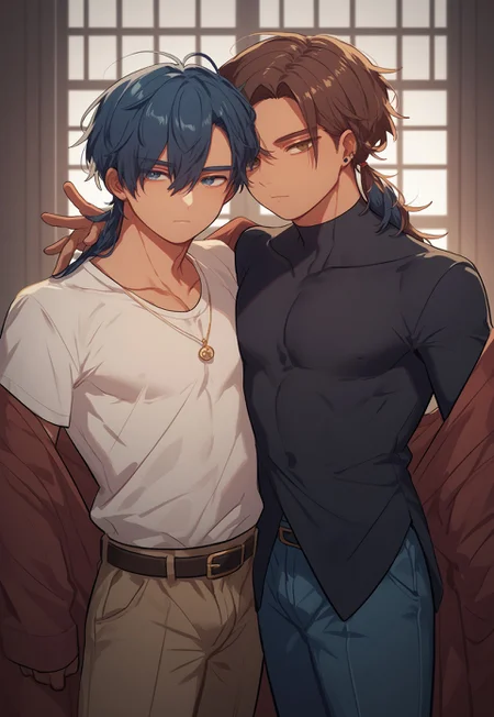 score_9, score_8_up, score_7_up, source_anime, (Omoyu Style), looking at viewer, 2boys, clothes, posing,